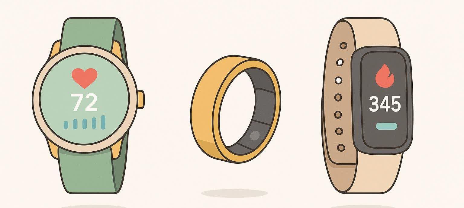 A stylized illustration showing the three main form factors for fitness trackers: a watch, a ring, and a simple band.