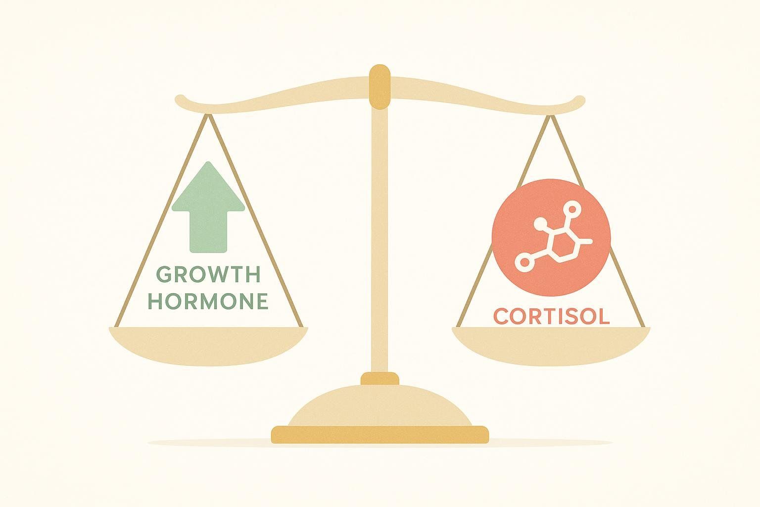 An illustration of a golden balancing scale. The left pan shows 'Growth Hormone' with an upward-pointing arrow, indicating an increase. The right pan shows 'Cortisol' with a molecular structure symbol, indicating its presence. The scale is level, suggesting a balance between the two hormones.