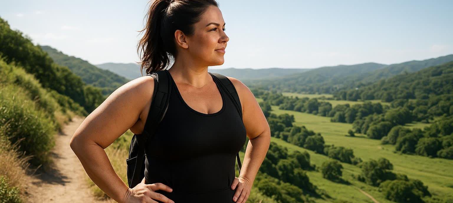 Woman hiking on a sunny trail overlooking a valley.