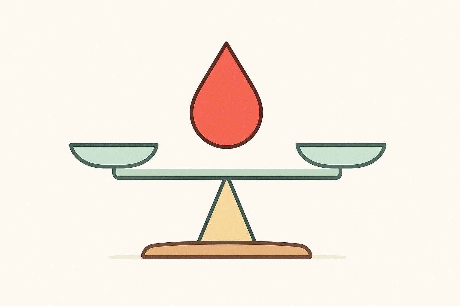 An illustration of a perfectly balanced scale with a single red blood drop suspended directly above the center fulcrum, symbolizing balance or regulated blood levels.