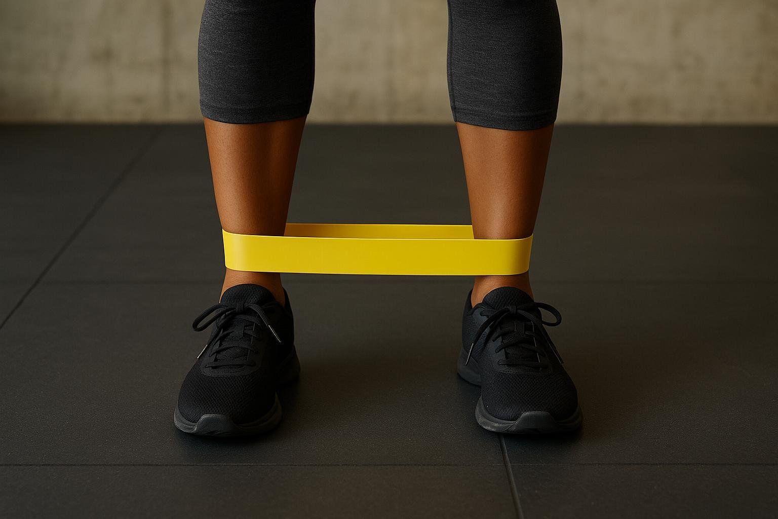 Close-up of ankles with a yellow resistance band wrapped around them, prepared for a banded exercise.