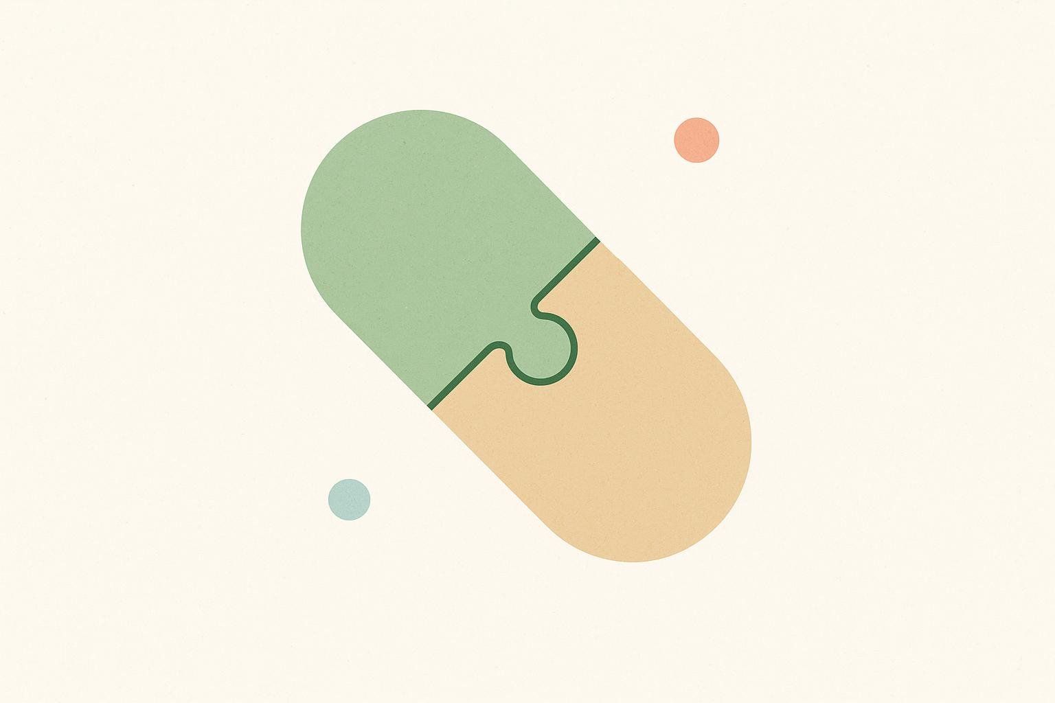 Illustration of two different pills fitting together as puzzle pieces, symbolizing a combination drug.
