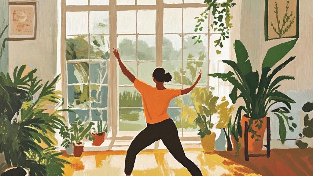 A person performs a yoga pose with their arms outstretched in a room filled with houseplants and sunlight streaming through a large window.