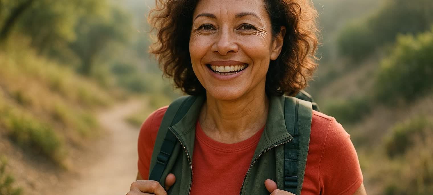 A healthy-looking woman in her late 40s with curly brown hair and a backpack smiles broadly while hiking outdoors. She is wearing a red t-shirt and an olive green vest. The background is a blurred pathway and green foliage.