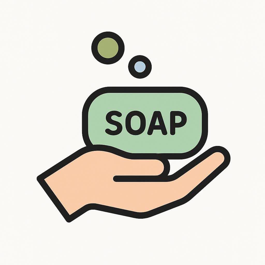 Icon of a hand with a bar of soap and bubbles.