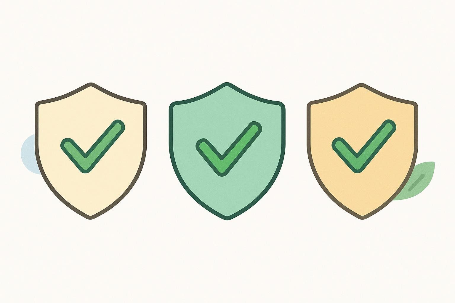 Three stylized shields, two in a light beige and one in the center in a light green. Each shield contains a green checkmark indicating safety or approval. Small, light blue or green abstract shapes are visible around the shields, suggesting a natural or organic theme.