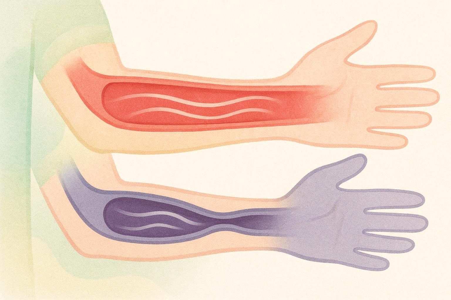 An abstract illustration depicting a healthy arm with good blood flow, shown in red, above a diseased arm with a narrowed artery and poor blood flow, shown in purple.
