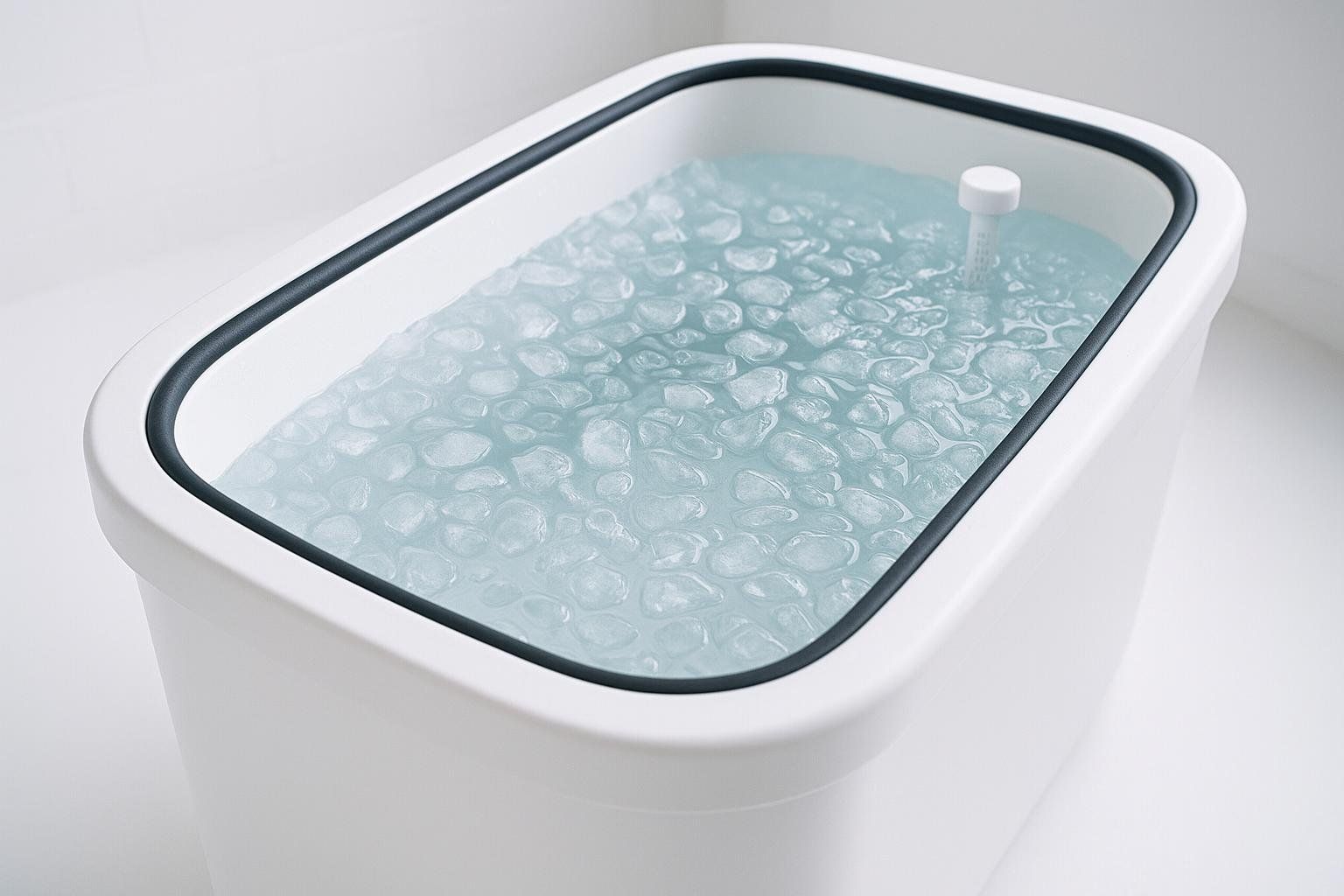 A white container filled with clear water and many ice cubes, ready for an ice bath.