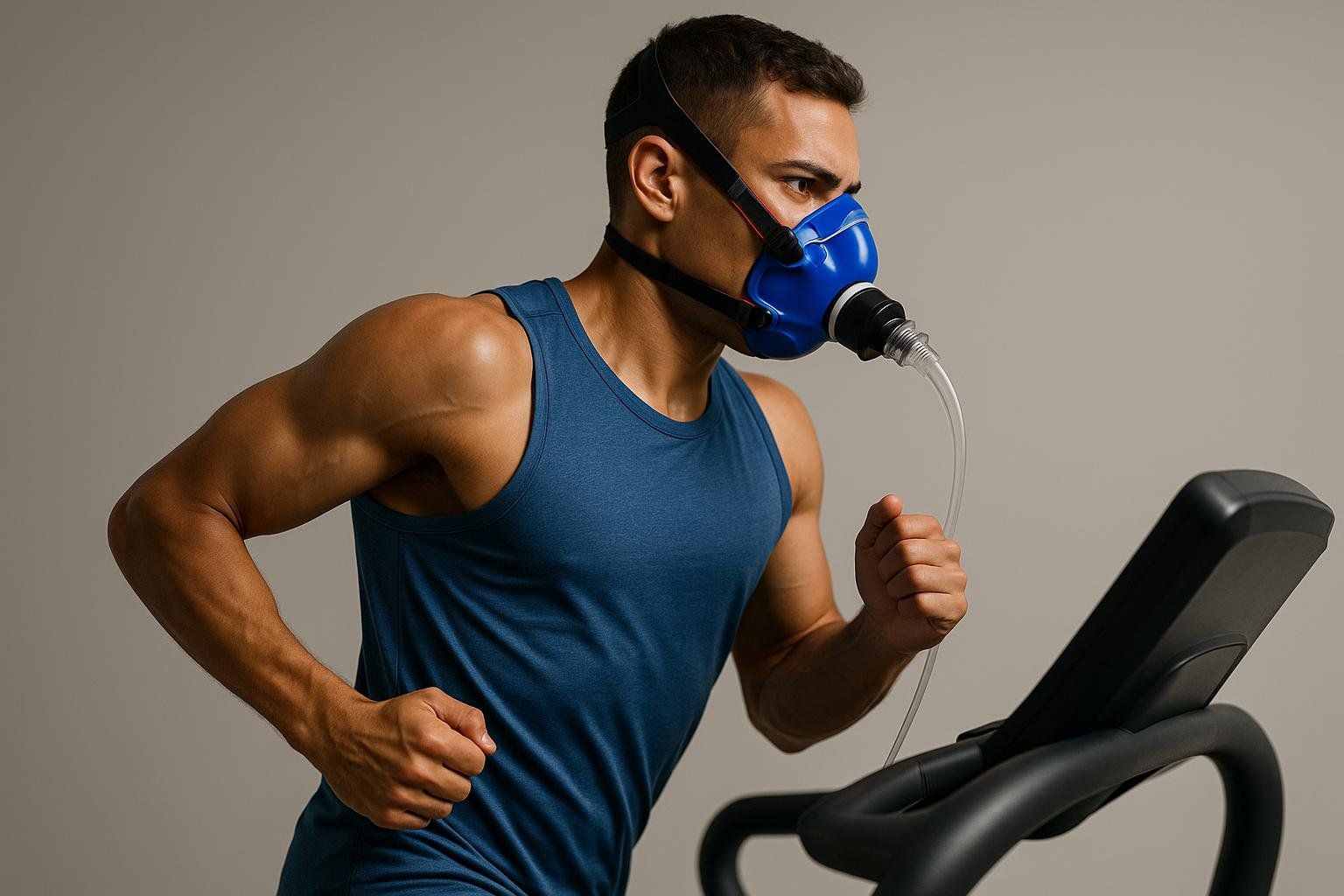 A man wearing a blue VO2 max mask runs on a treadmill, engaged in a laboratory test to measure his aerobic capacity.