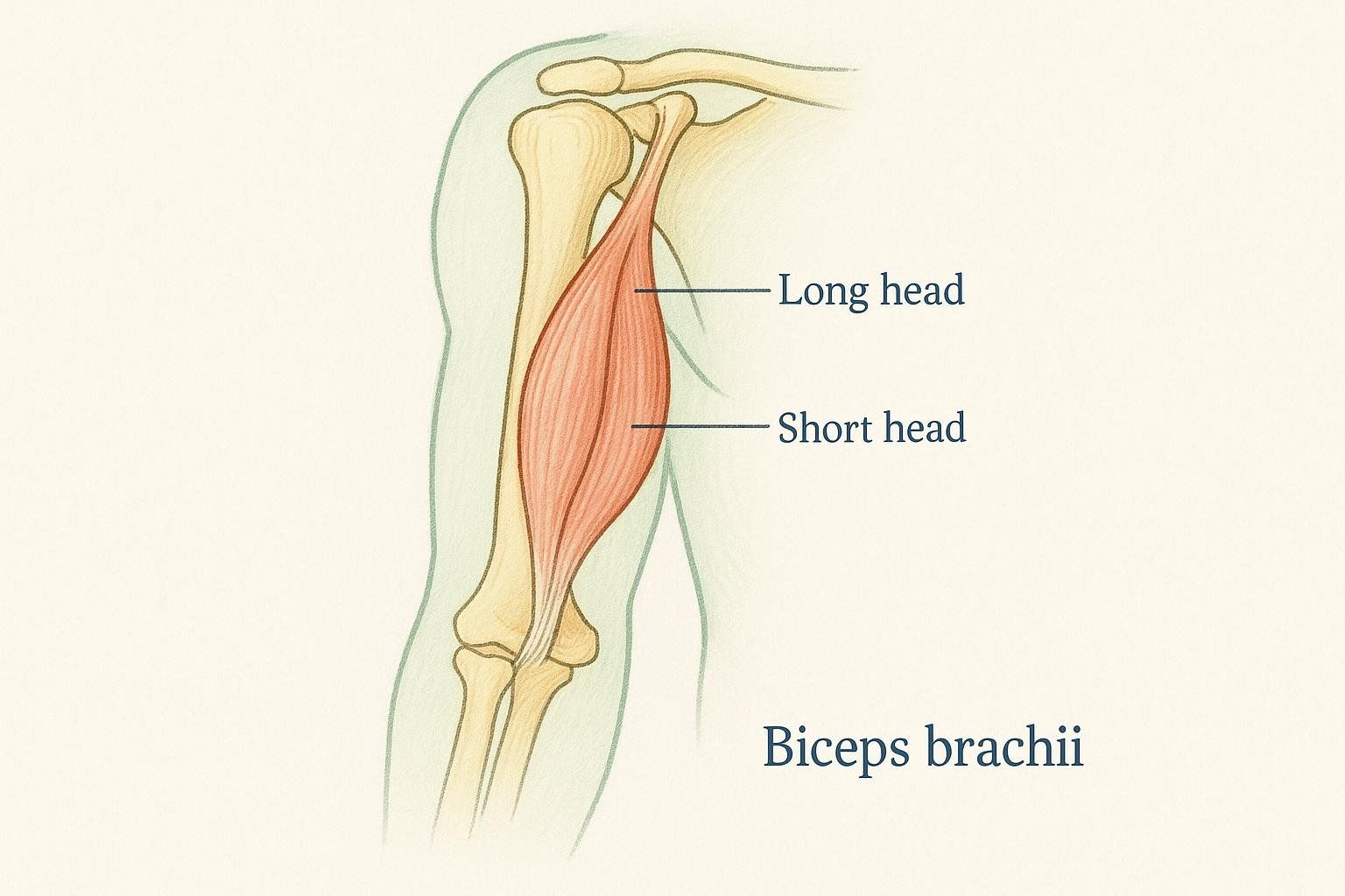 A simplified anatomical illustration showing the biceps brachii muscle with labels pointing to the long and short heads.