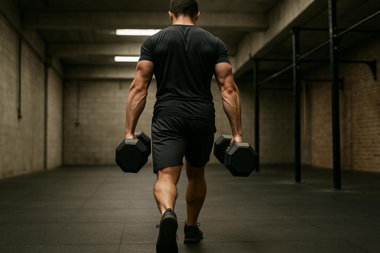 A man from behind, wearing a black t-shirt and shorts, demonstrates a farmer's carry exercise, holding a dumbbell in each hand while walking in a gym.