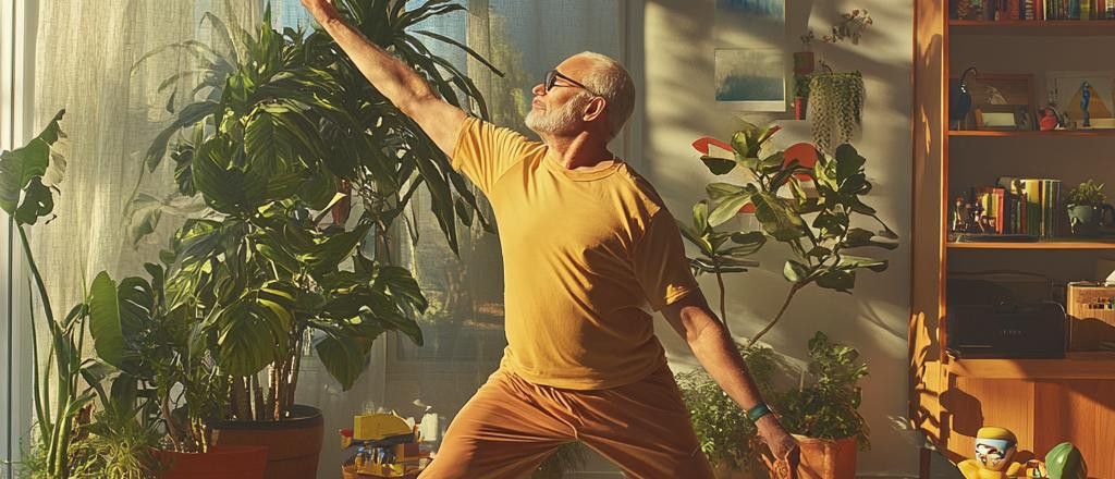 A man in a gold shirt and tan pants does yoga in his home in front of a sunny window and surrounded by plants.