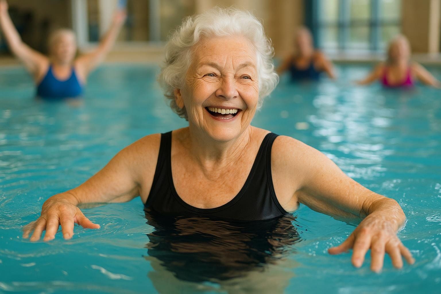 A happy older woman with white hair smiles broadly while participating in a water aerobics class. Other participants are visible, blurred in the background, in the blue swimming pool.