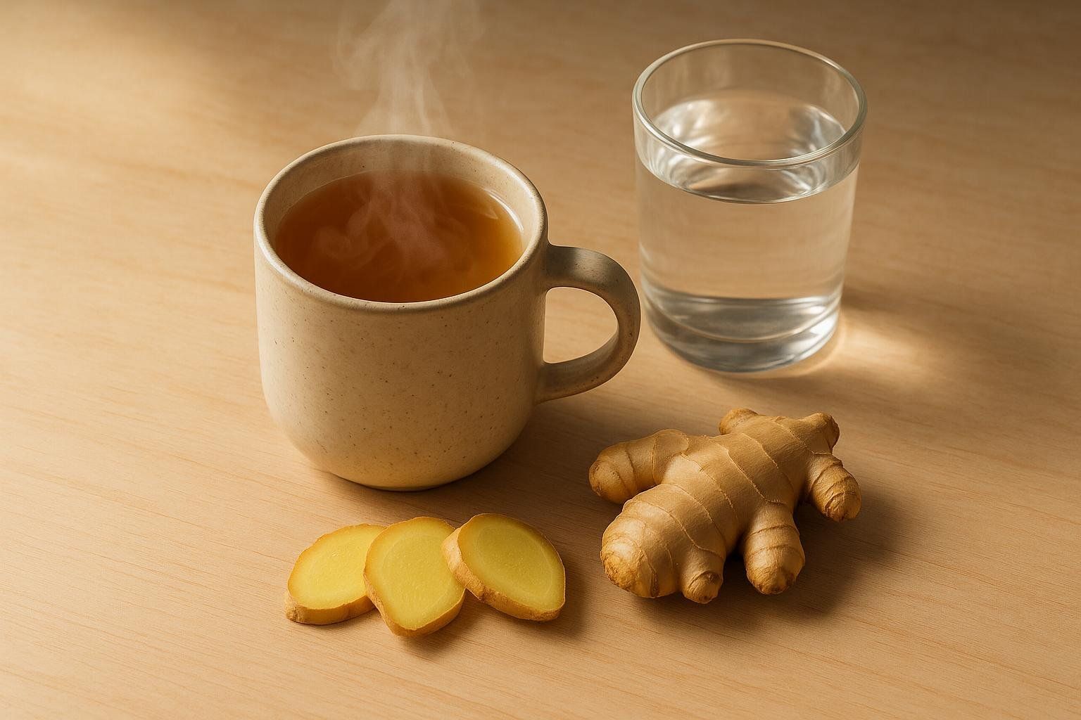 A steaming mug of ginger tea sits next to a glass of water, fresh ginger root, and sliced ginger on a wooden surface.