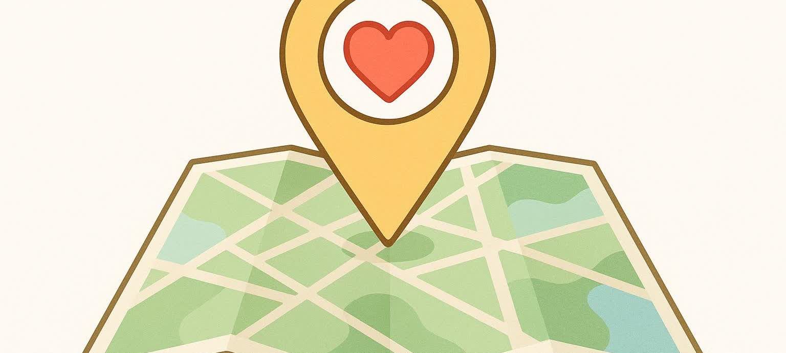 A stylized illustration of a map with a large yellow location pin directly above its center. The pin has a red heart icon inside, indicating a favorite or love-related location. The map shows green land areas, roads, and some light blue water features.