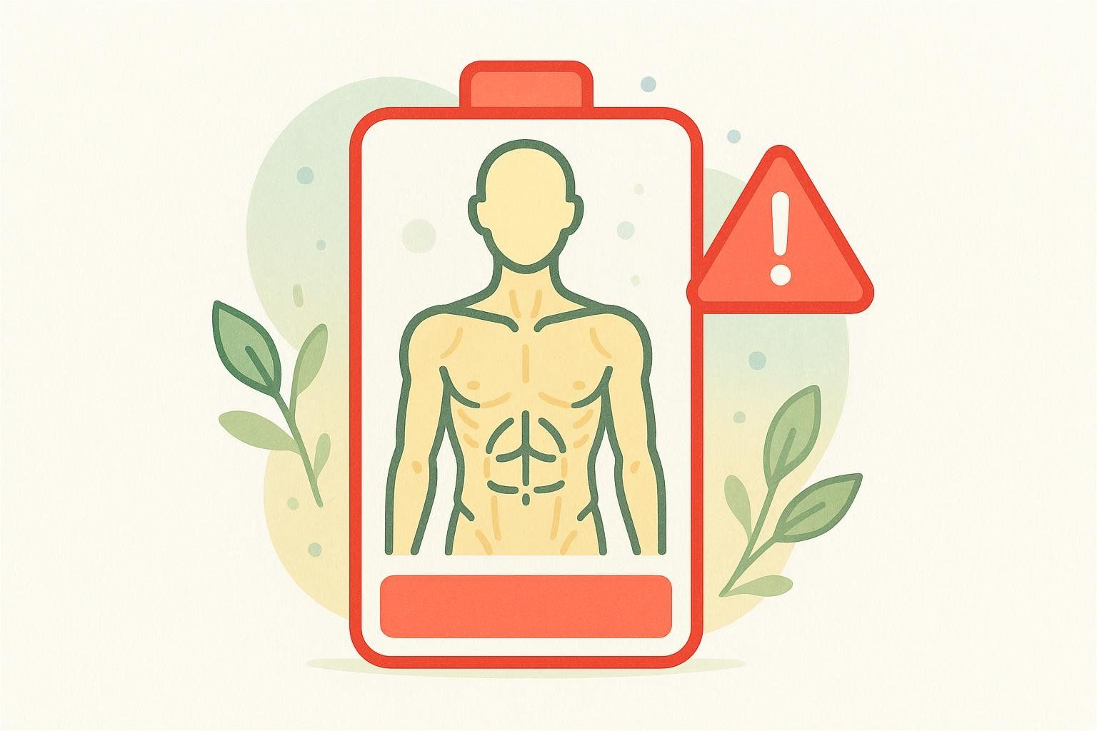 An illustration of a human torso with prominent abdominal muscles, encased within a red battery icon. The battery is nearly empty, indicating low energy, and a red warning triangle with an exclamation point is visible. Green leaves frame the image on either side.