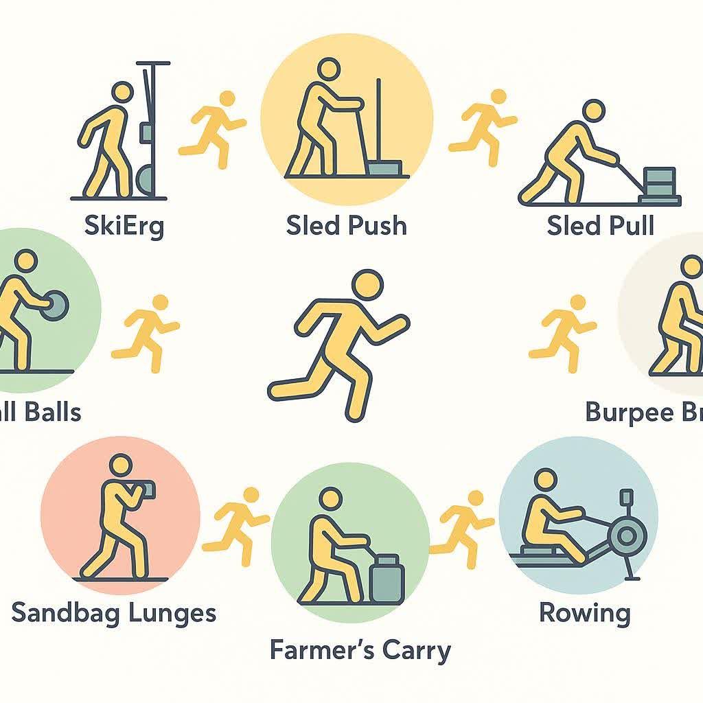 An infographic displaying different HYROX workout stations as simple icons. The stations include SkiErg, Sled Push, Sled Pull, Wall Balls, Burpee Broad Jumps, Sandbag Lunges, Farmer's Carry, and Rowing. Small running figures connect each station, signifying the running segments between exercises in a HYROX race.
