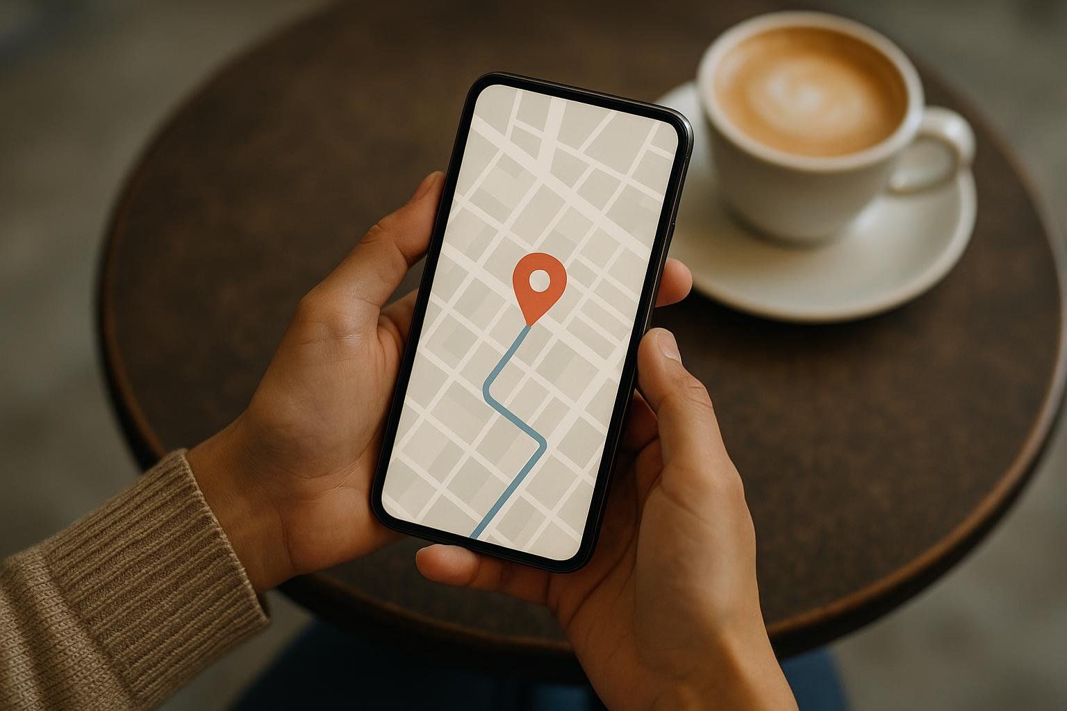 A person holding a smartphone showing a map application with a highlighted route and a location pin. A cup of coffee is visible in the background.
