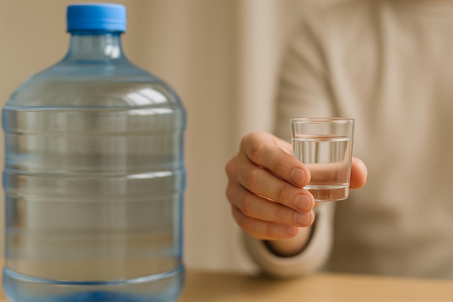A hand holds a small glass of water, suitable for hydration before a medical scan. In the blurred background, a large water jug represents an amount of fluid to avoid.