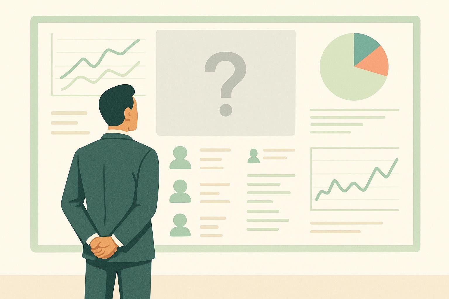 Illustration of a business leader from behind, wearing a suit and standing with hands clasped, looking at a large data dashboard displayed on a screen. The dashboard features graphs, pie charts, and profile icons, but a prominent central section has a large question mark, symbolizing missing or lost data.