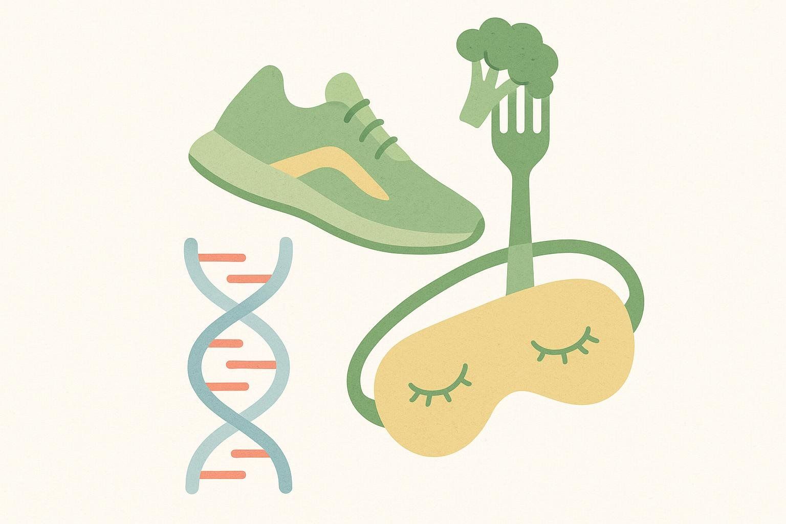 Illustration showing lifestyle icons of exercise, diet, and sleep overshadowing a small DNA helix, symbolizing the greater impact of lifestyle choices on health and longevity compared to genetics.
