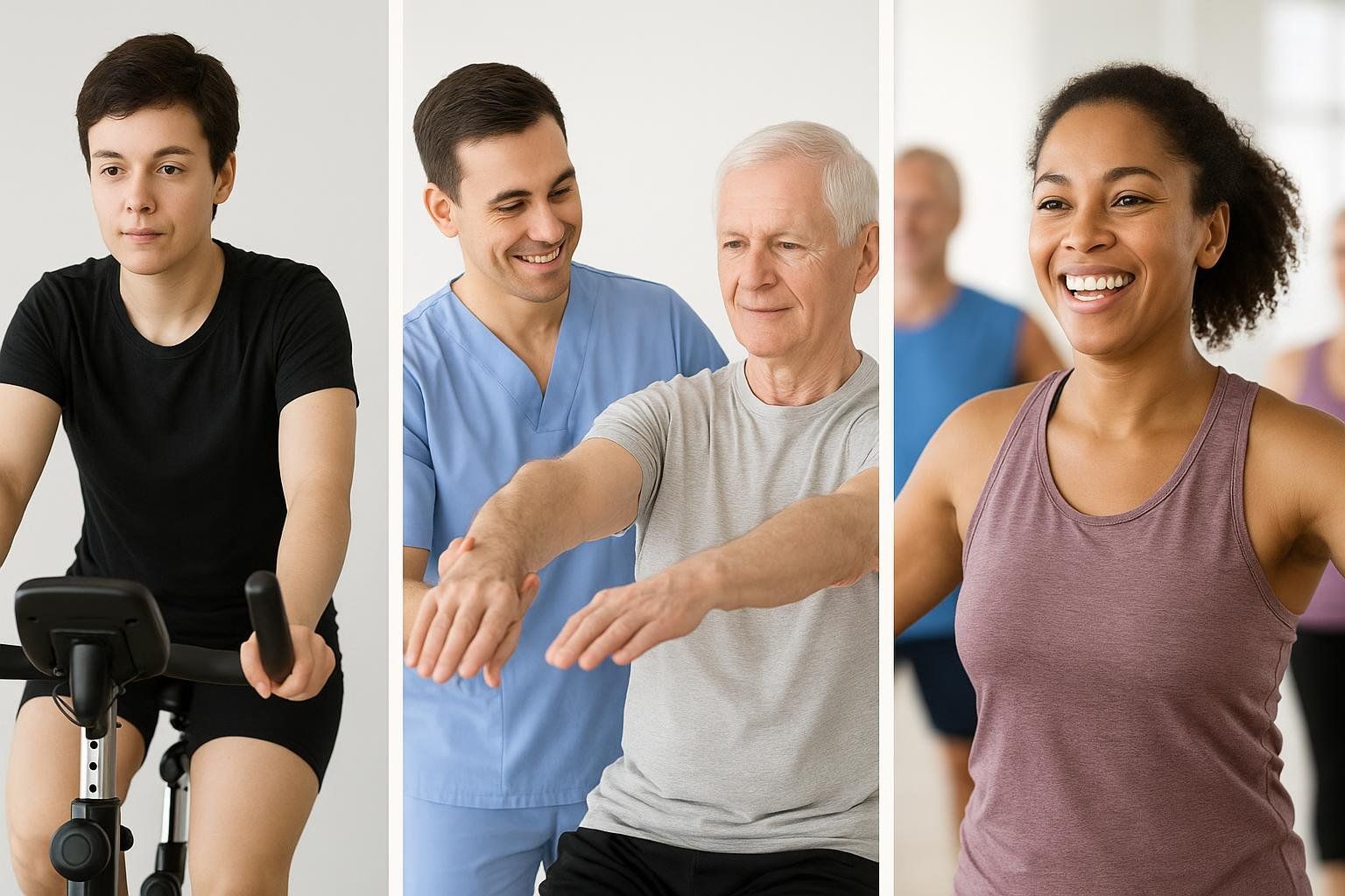 A set of three images showing a cyclist on an exercise bike, a patient in rehabilitation with a physical therapist, and a person smiling in a fitness class. Each image corresponds visually to a different perceived exertion level or RPE scale.