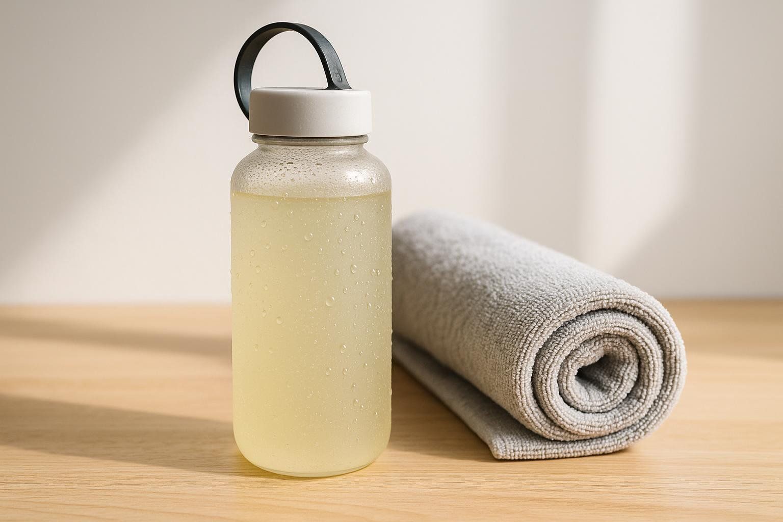 A clear water bottle filled with a yellow liquid and covered in condensation sits next to a neatly rolled grey yoga towel on a wooden surface. Sunlight casts a shadow on the light-colored wall behind them.
