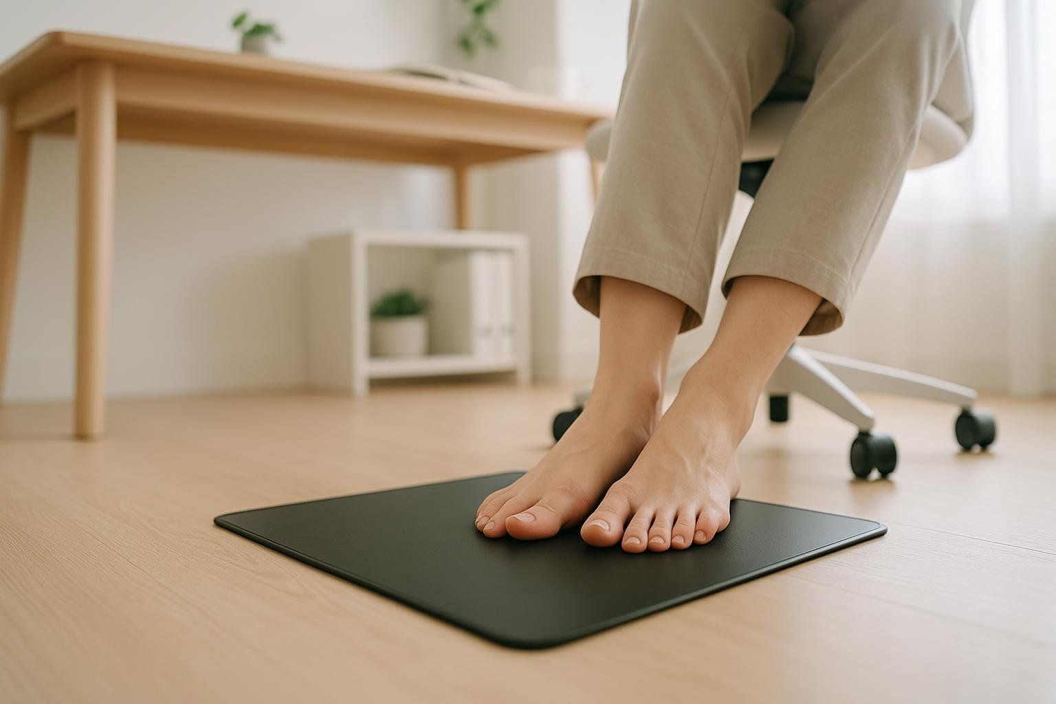 Low-angle view of someone's bare feet resting comfortably on a black grounding mat underneath a light-colored home office desk.