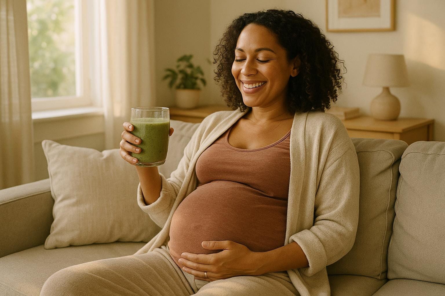 A smiling pregnant woman with curly hair sits comfortably on a couch, holding a glass of green smoothie as she cradles her baby bump with her other hand.