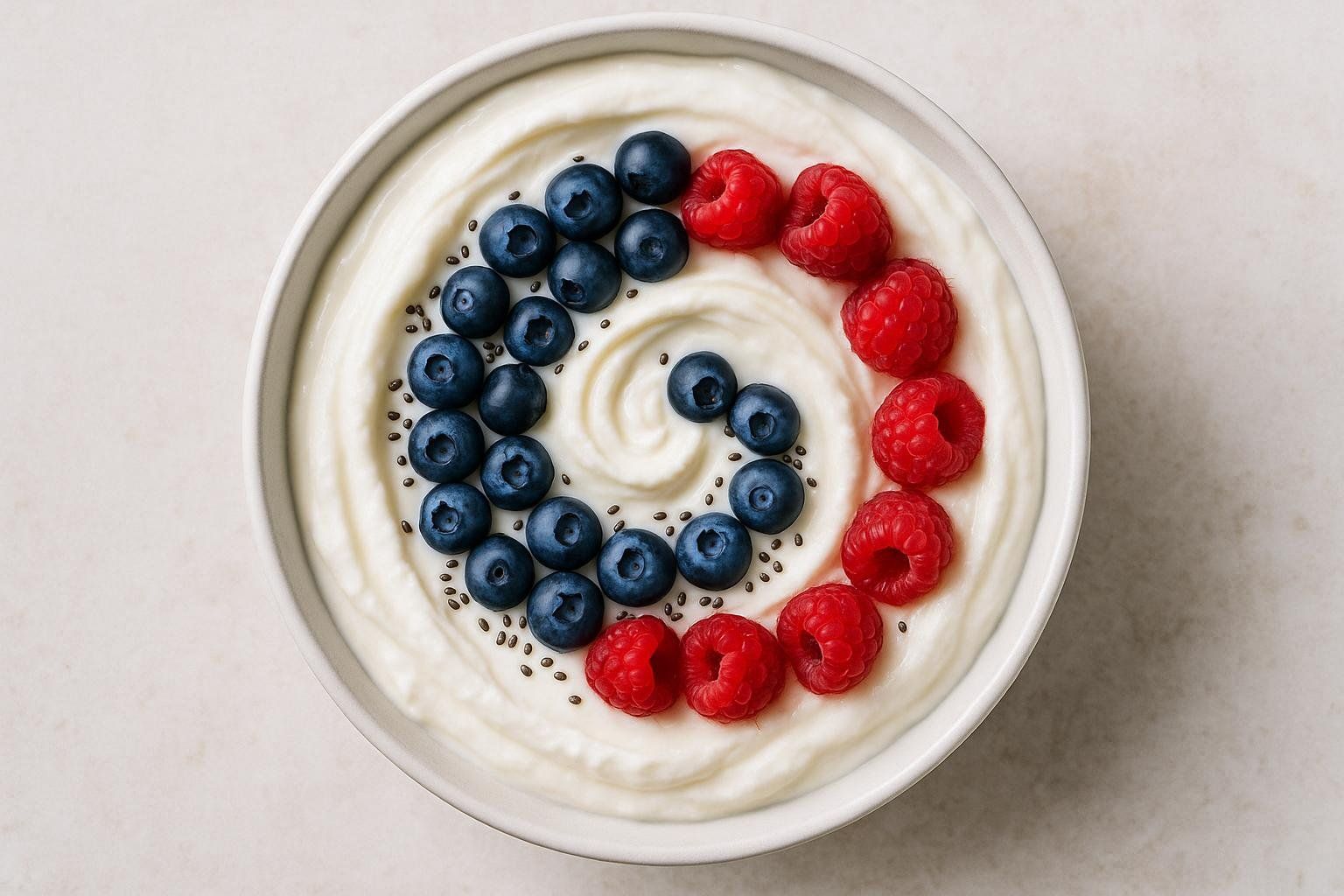 A top-down view of a white bowl filled with creamy Greek yogurt, adorned with a vibrant spiral pattern of blueberries on one side and raspberries on the other, interspersed with scattered chia seeds.