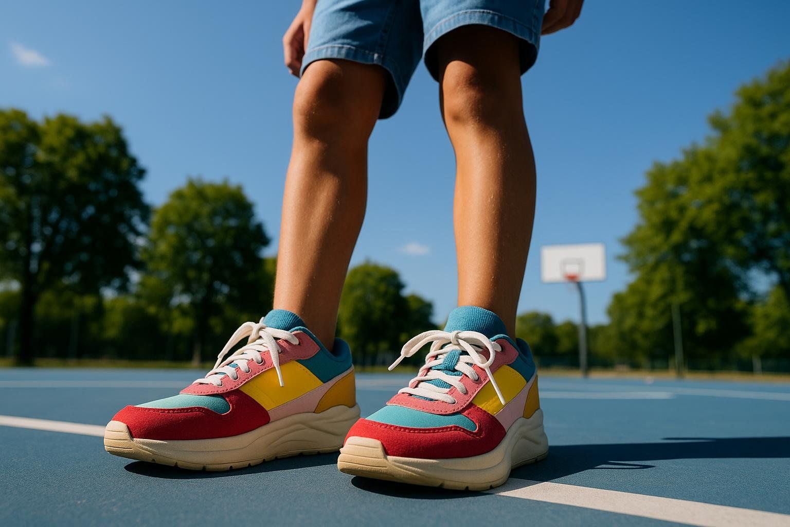 Sneakers of a teenager on a basketball court, representing the pediatric approval of some SGLT2 inhibitors.