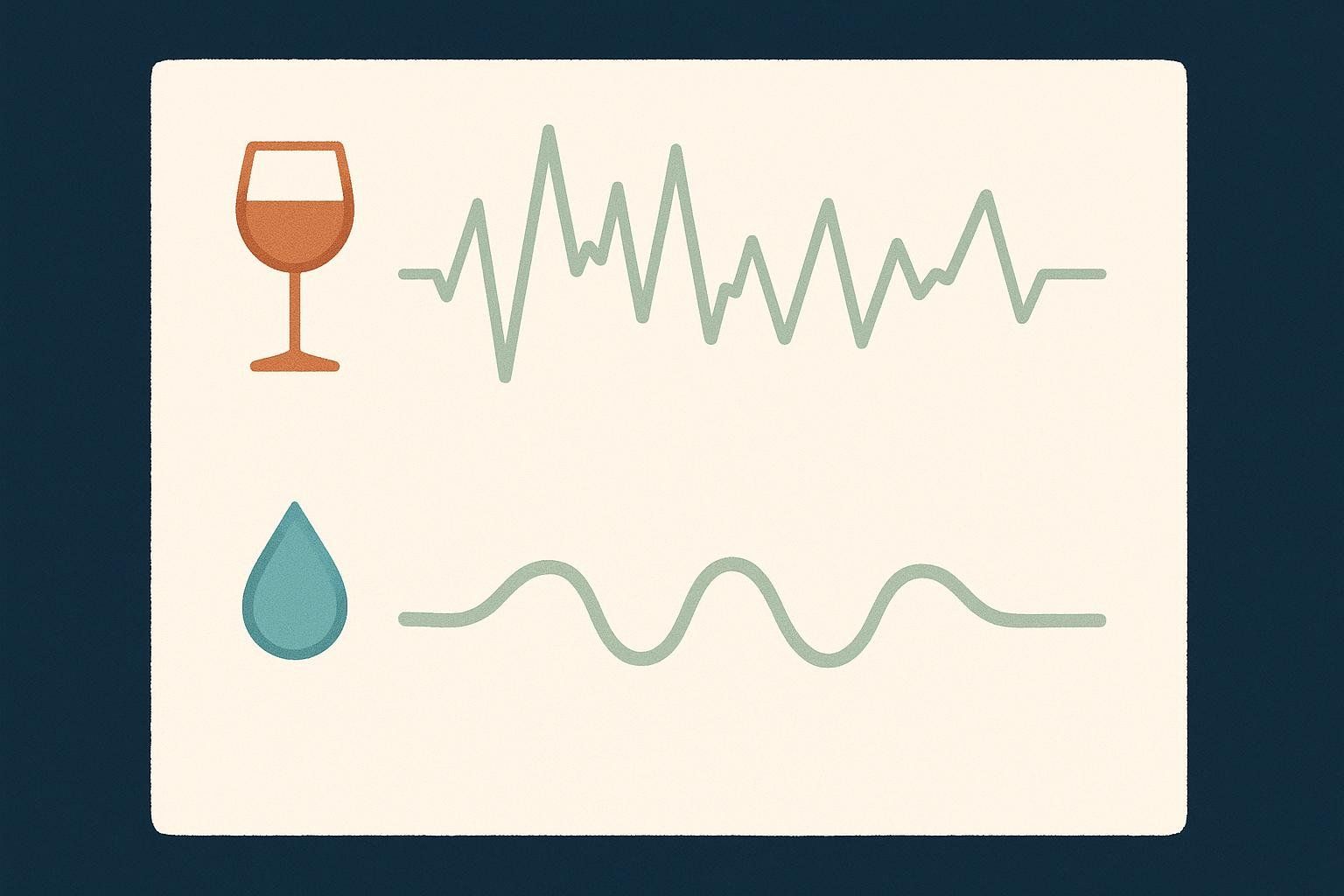 An illustration comparing two sleep patterns: the top pattern, associated with a wine glass icon, is jagged and erratic, while the bottom pattern, associated with a water drop icon, is smooth and undulating, suggesting a calmer sleep.
