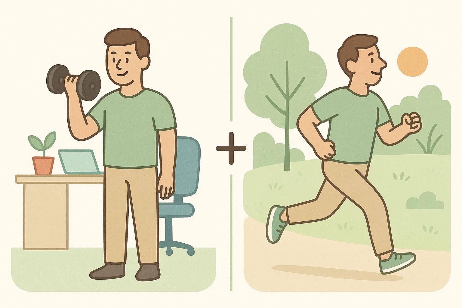 An illustration depicting a split workout routine. The left panel shows a man lifting a dumbbell at a desk, representing a strength workout. The right panel shows the same man jogging outdoors, representing a cardio session. A large plus sign separates the two panels.