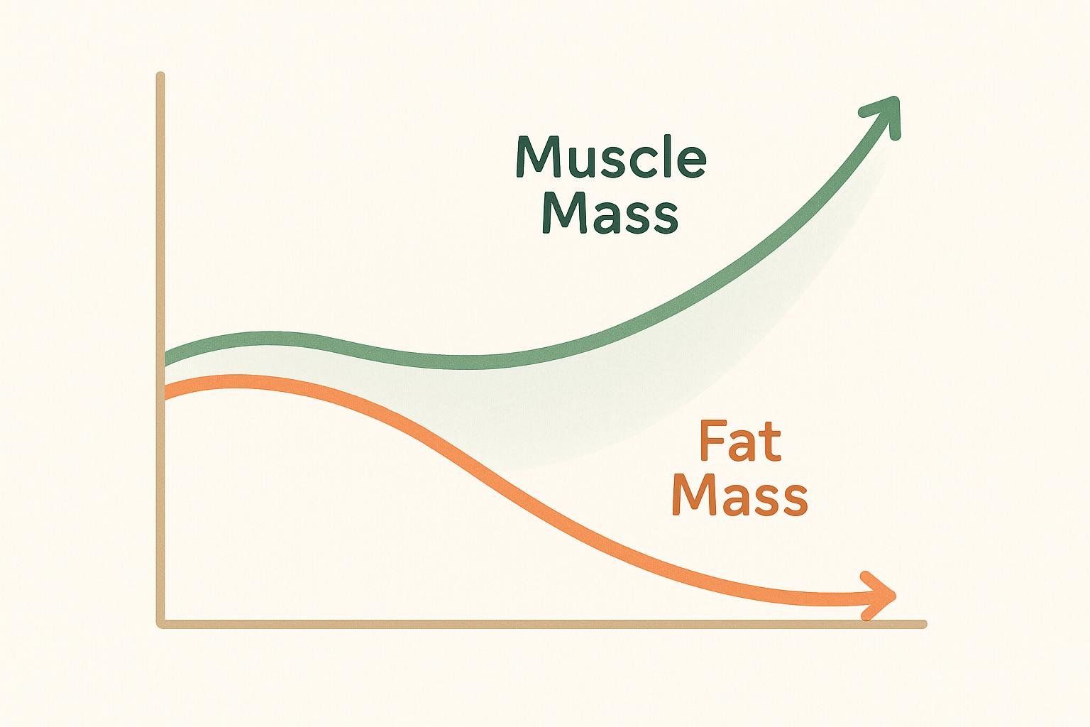 Line graph illustration showing muscle mass increasing and fat mass decreasing over time, symbolizing positive body recomposition.