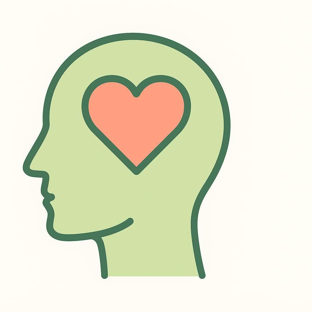An icon depicting a light green head in profile facing left, with a larger, light red heart shape outlined in dark green inside of it, set against a white background.