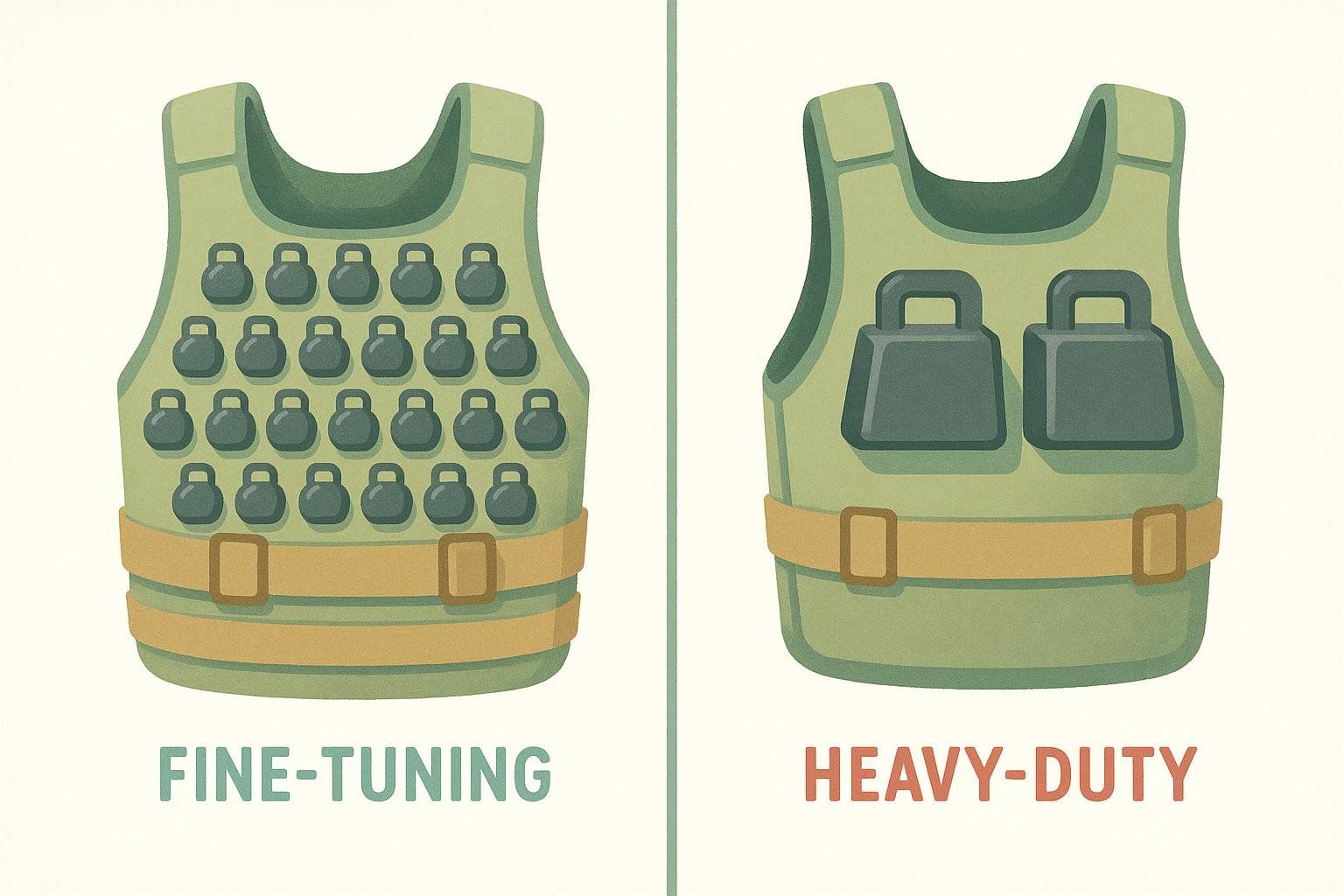 An illustration comparing two olive green vests against an off-white background. The left vest, labeled 'FINE-TUNING', has many small, dark grey, kettlebell-shaped weights evenly distributed across its front. The right vest, labeled 'HEAVY-DUTY', has two large, dark grey, rectangular weights on its chest. Both vests have a light brown strap around the waist with a rectangular buckle.