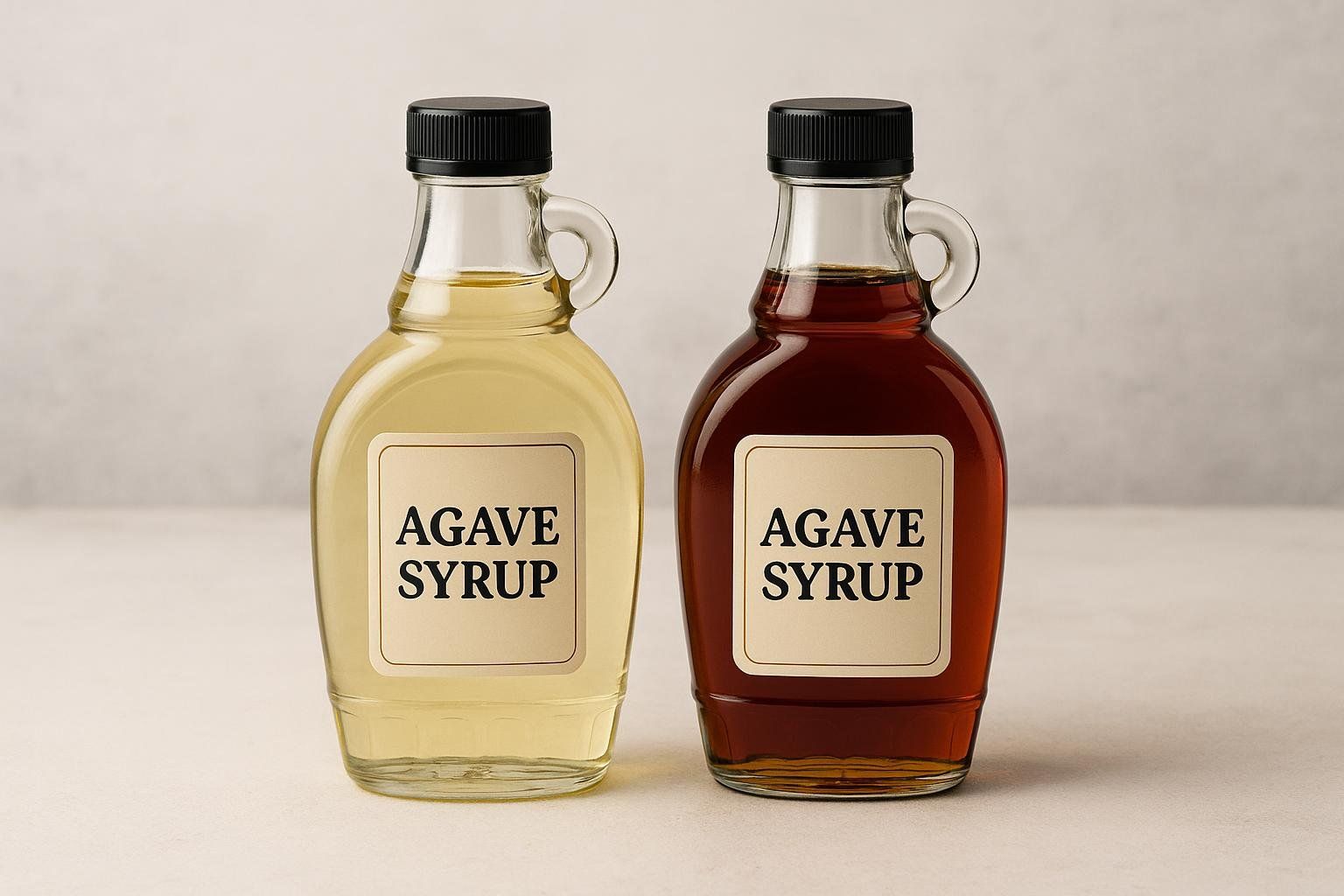Two bottles of agave syrup, one light and one dark.