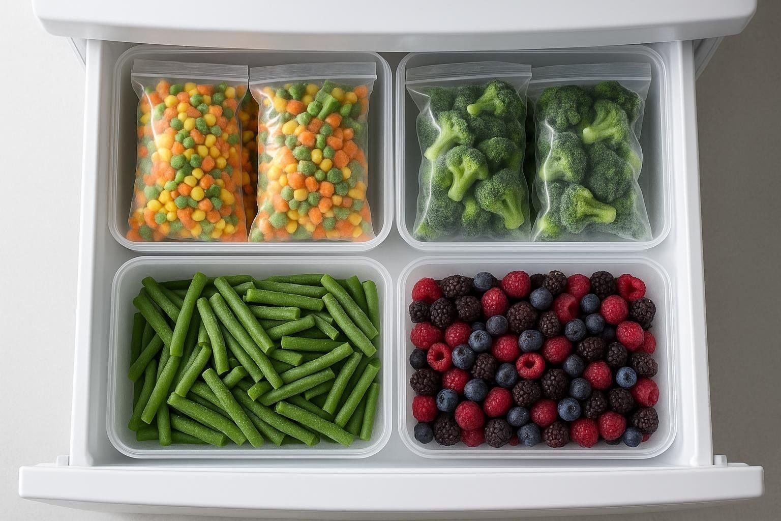 An overhead view of an open freezer drawer neatly organized with four clear containers. The top left container holds two bags of mixed frozen peas, carrots, and corn. The top right container holds two bags of frozen broccoli florets. The bottom left container is filled with frozen green beans, and the bottom right container is filled with a colorful mix of frozen raspberries, blueberries, and blackberries.