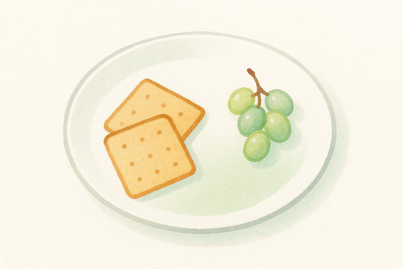 An illustration of two rectangular crackers and a small bunch of green grapes on a white plate, symbolizing a light meal for managing nausea.