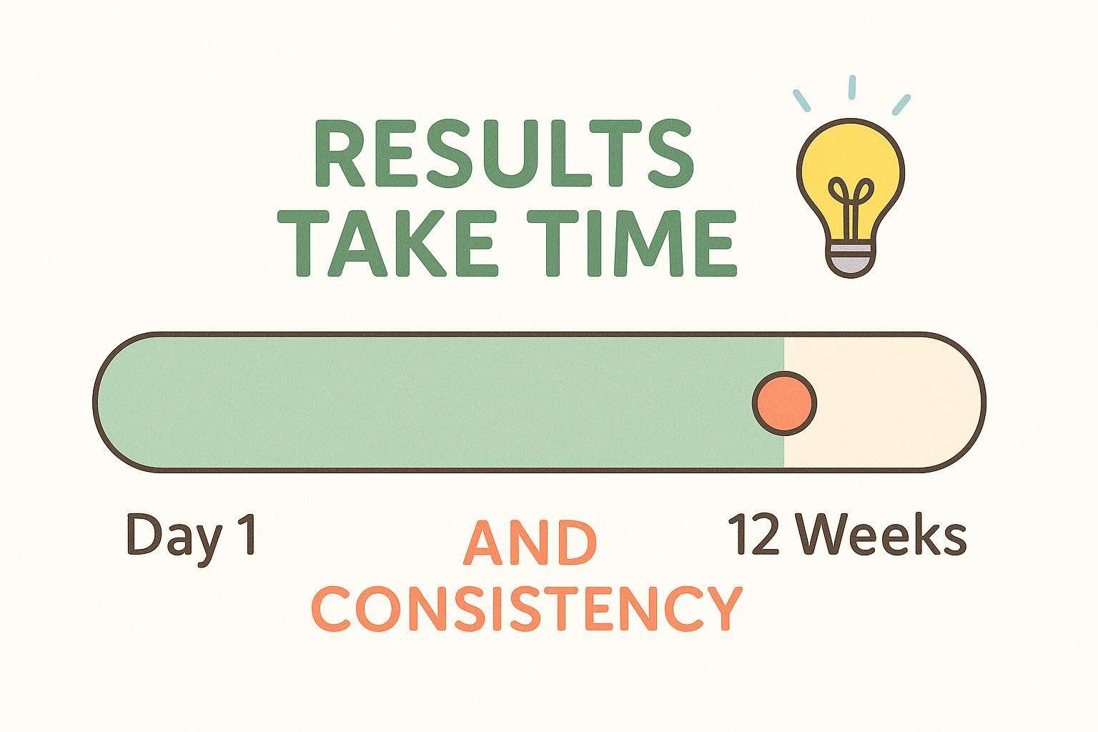 A timeline graphic with text 'RESULTS TAKE TIME AND CONSISTENCY'. It shows a progress bar with 'Day 1' at the start and '12 Weeks' at the end, indicating that results are typically seen within 8 to 12 weeks. A lightbulb icon is next to the text 'RESULTS TAKE TIME'.