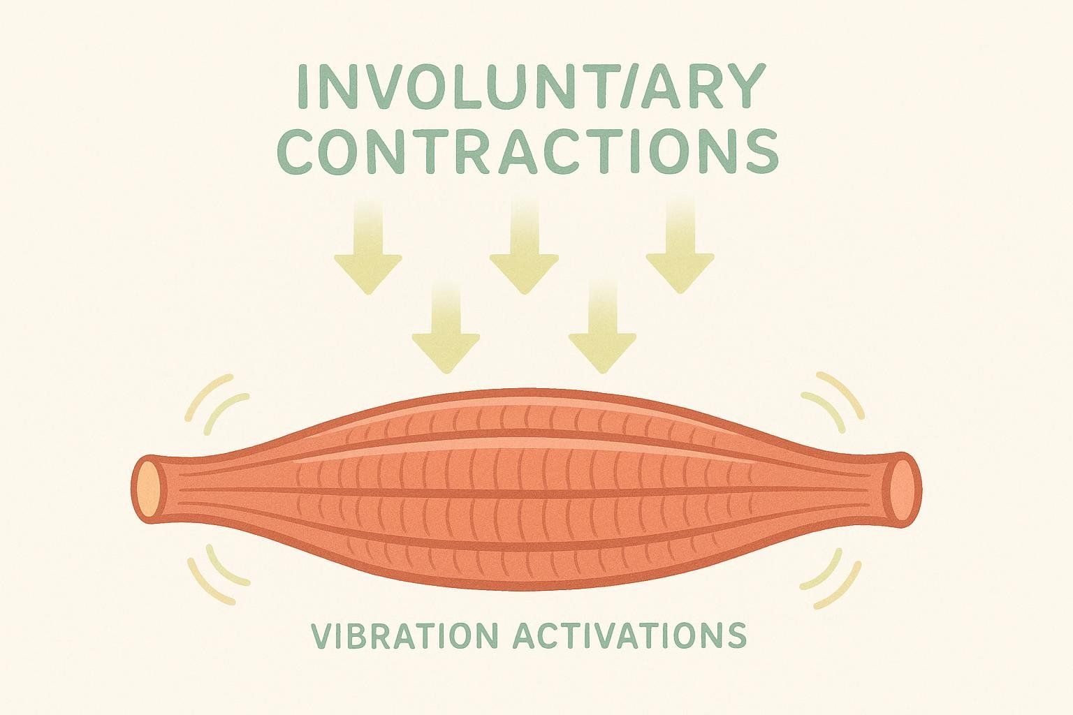 An abstract illustration depicting a muscle fiber experiencing vibrations, leading to involuntary contractions. The text 'VIBRATION ACTIVATIONS' is below the muscle, and 'INVOLUNTARY CONTRACTIONS' is above, with arrows pointing from the contractions to the muscle.