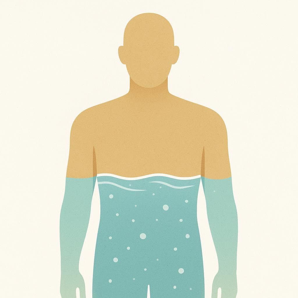 An illustration of a human torso with the lower half filled with light blue water, indicating water content in the body. Bubbles of various sizes are visible in the water.