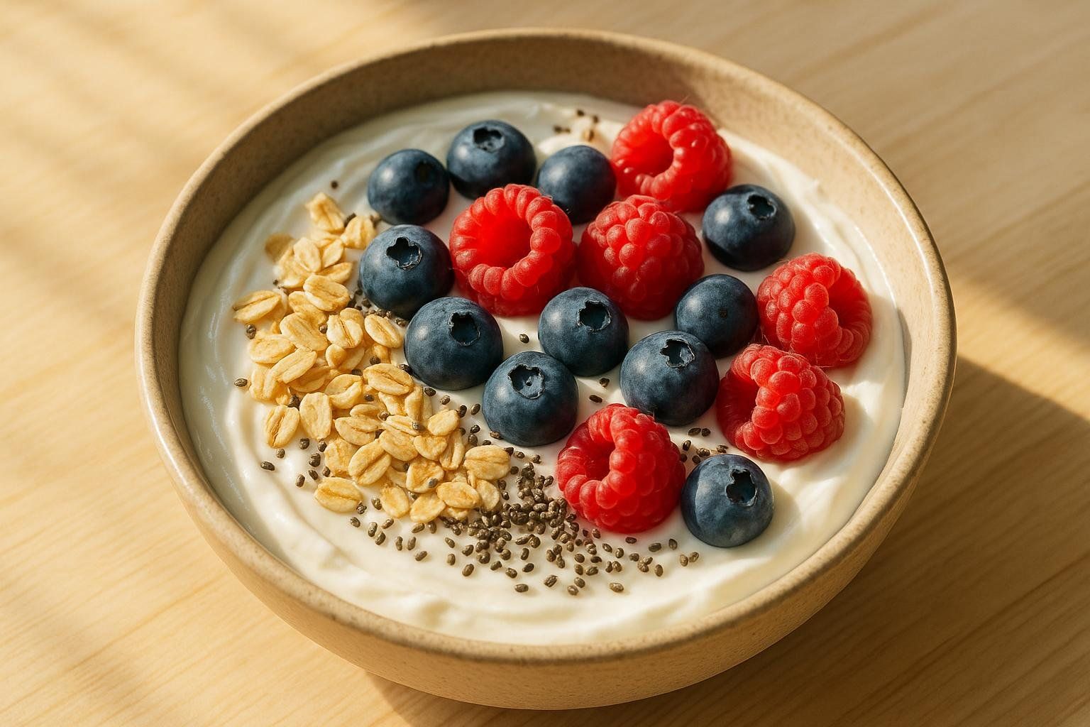 A close-up of a breakfast bowl containing white yogurt, topped with red raspberries, blue blueberries, golden rolled oats, and dark chia seeds. The bowl is light brown and sits on a light wooden surface.
