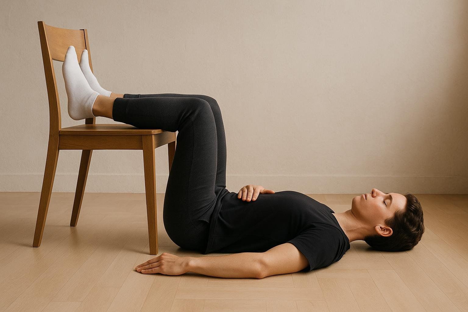 A person lying on their back on a wooden floor with their calves resting on a wooden chair, demonstrating the 90/90 breathing reset to improve core control and reduce back arching.
