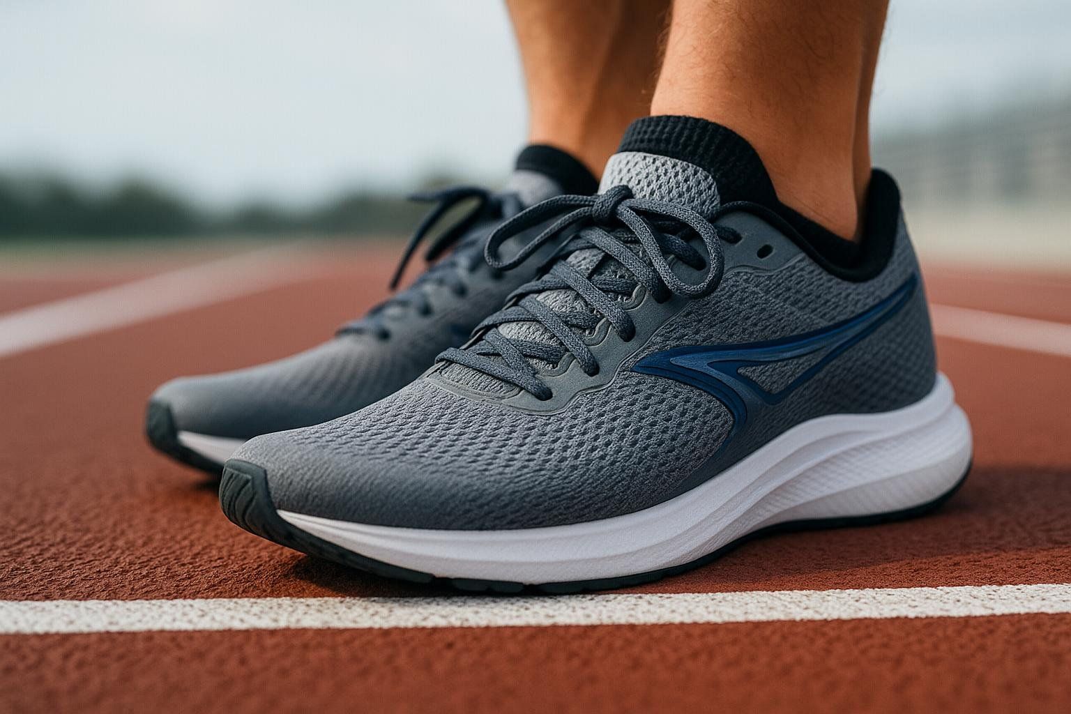 Close-up of a pair of grey running shoes with blue accents on a red running track with a white line.