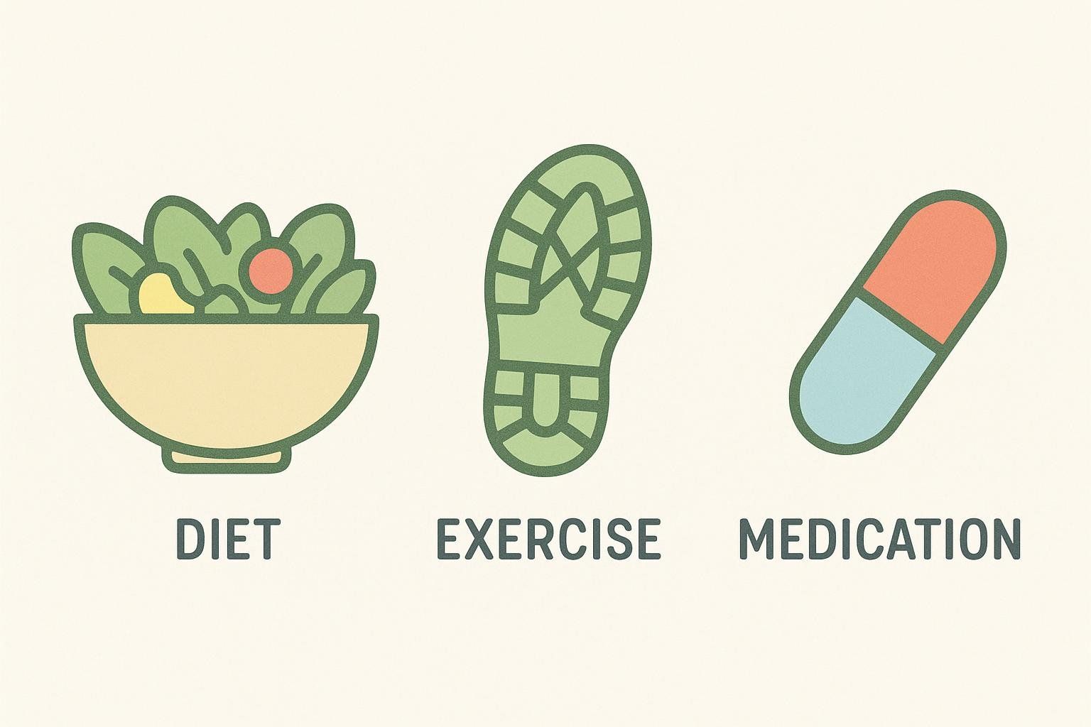 Icons for a salad bowl, a shoe print, and a pill, representing diet, exercise, and medication.
