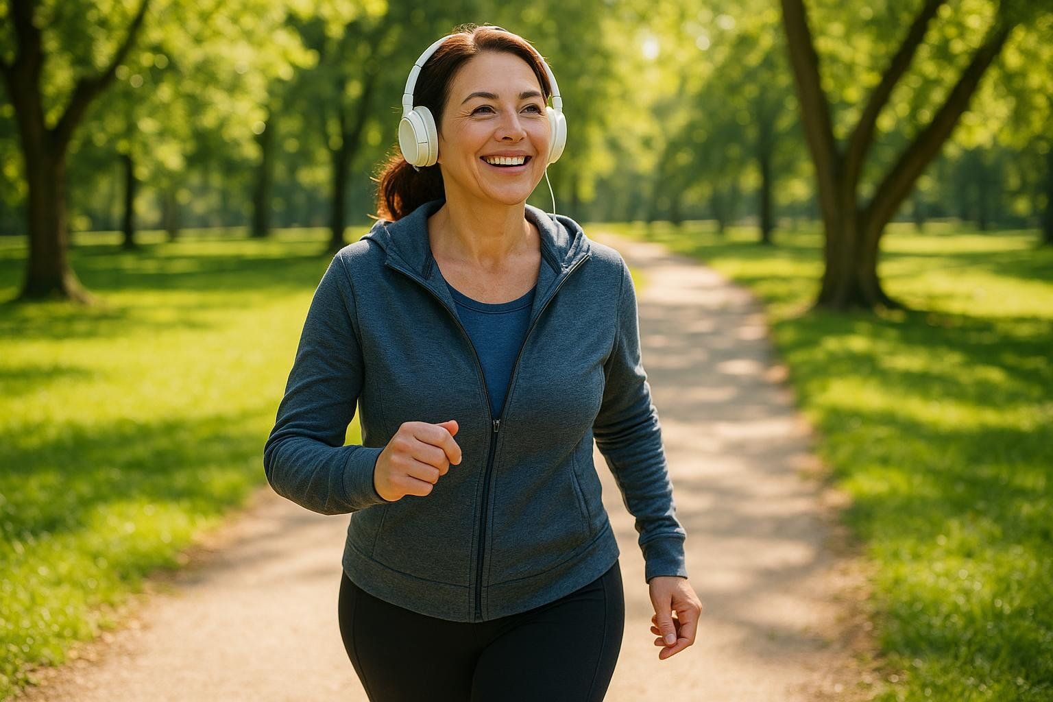 A smiling woman with headphones happily walking or lightly jogging on a sunny path in a park with green grass and trees.