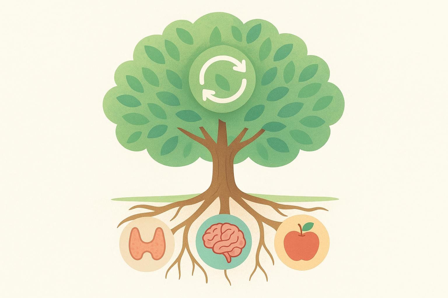 An illustration of a green tree with its brown roots showing three icons: a thyroid gland, a brain, and an apple. The tree's leaves contain a circular icon with two arrows forming a cycle, representing a healthy cycle based on addressing these 'root causes'.