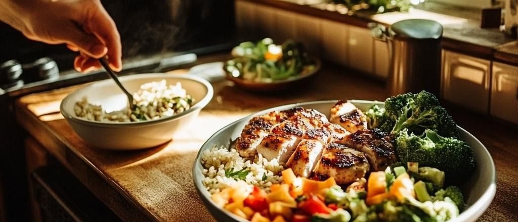 A close-up shot of a healthy bowl filled with grilled chicken slices, broccoli florets, chopped orange and red bell peppers, and what appears to be cauli-rice, with a hand holding a fork in the background stirring food in another similar bowl.