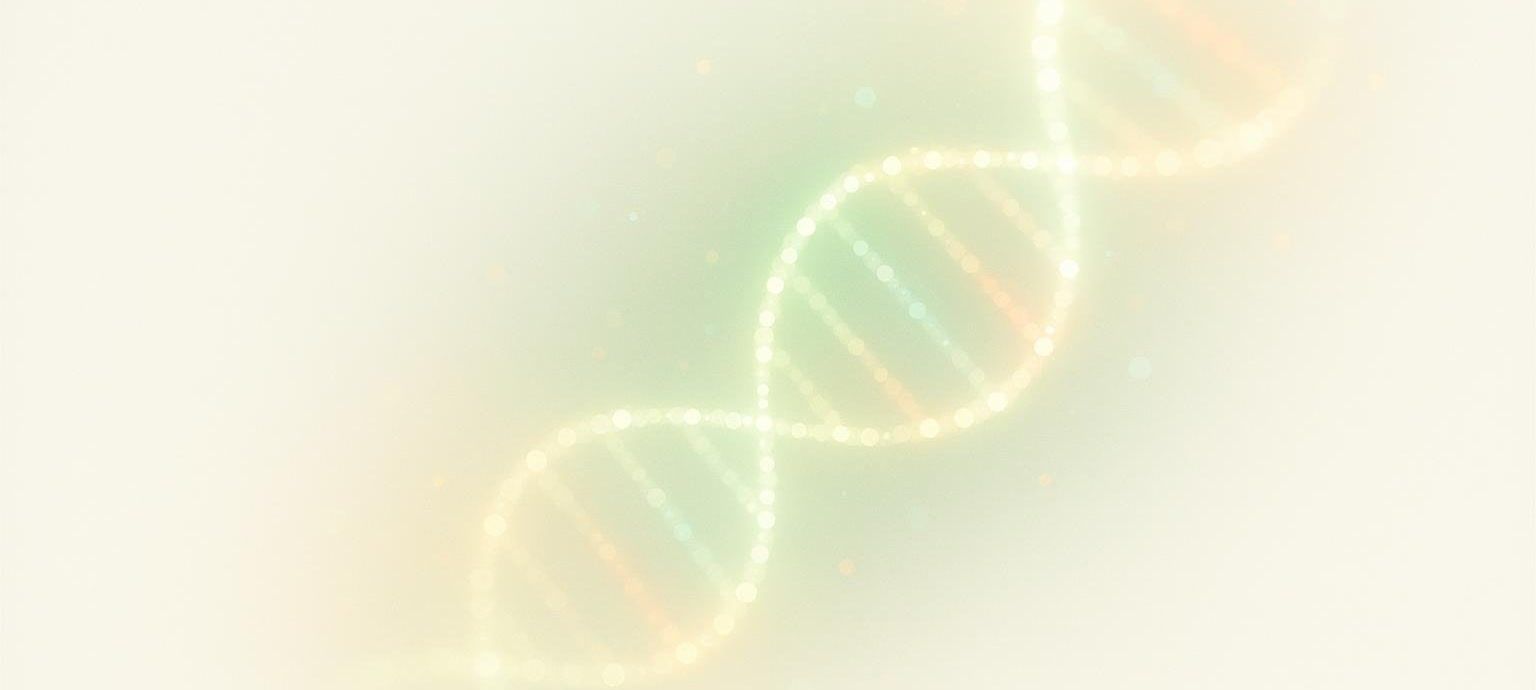 An abstract, artistic representation of a DNA helix, symbolizing genetics and the MTHFR gene, with glowing dots forming the spiral structure against a light, subtle green and yellow background.